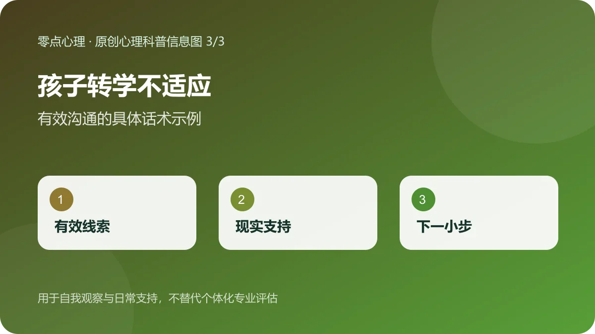 孩子转学不适应:有效沟通的具体话术示例信息图